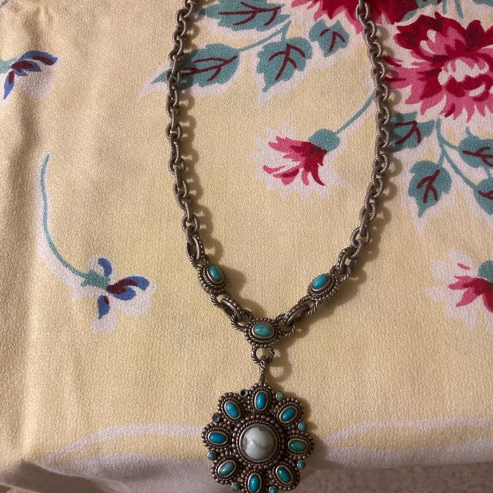 Blue and Silver Floral Pendant Necklace, Turquoise
